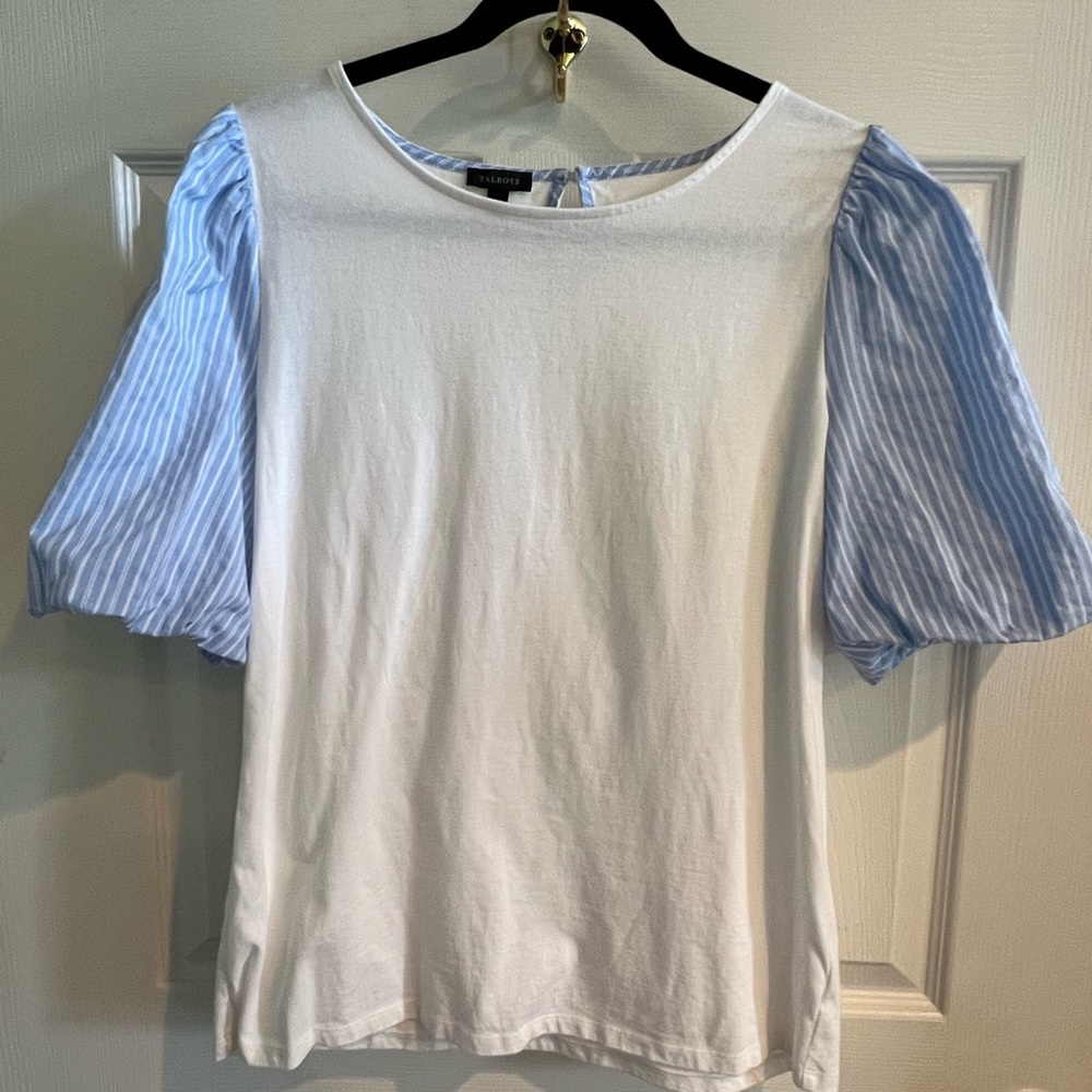 Talbots White Blouse with Blue Striped Sleeves